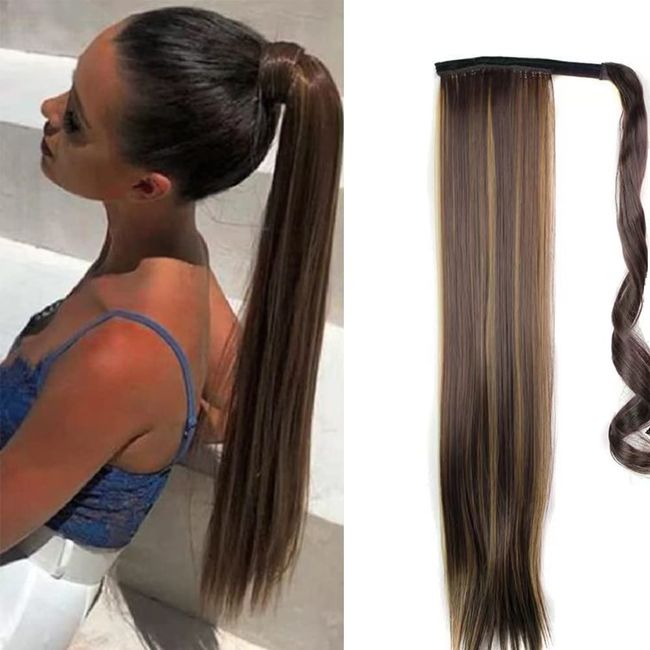 Pferdeschwanz 60 cm lang glatt gewickelt Verlängerung Kunsthaar Haarverlängerung Extensions Lockig Clip in Ponytail Haarteil für Frauen (Erdbeerblond &Honigblond 4H27)