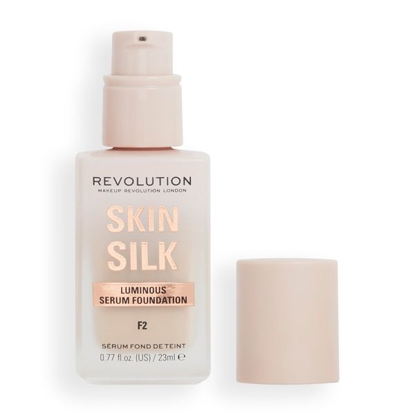 Revolution Beauty, Skin Silk Serum Foundation, Light to Medium Coverage, Lightweight & Radiant Finish, Contains Hyaluronic Acid, F2 Fair Skin Tones, 0.77 Fl. Oz.