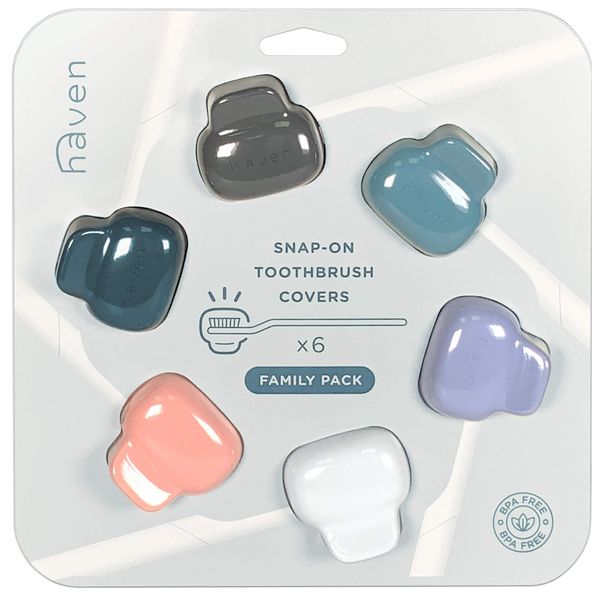 Haven Toothbrush Cover Family Pack - Fits Electronic and Manual Toothbrushes - Travel Toothbrush Case Holders - Set of 6 Tooth Brush Protectors (White, Blue, Purple, Coral, Teal, Charcoal Gray)