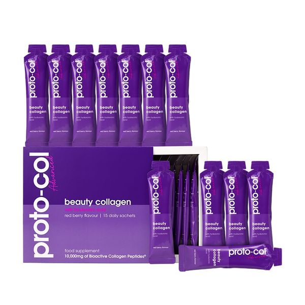 Proto-Col Beauty Collagen Supplements for Women - 10,000mg Bovine Collagen Peptides with Hyaluronic Acid, Vitamins and Minerals - Red Berry Flavour - 15 Sachets