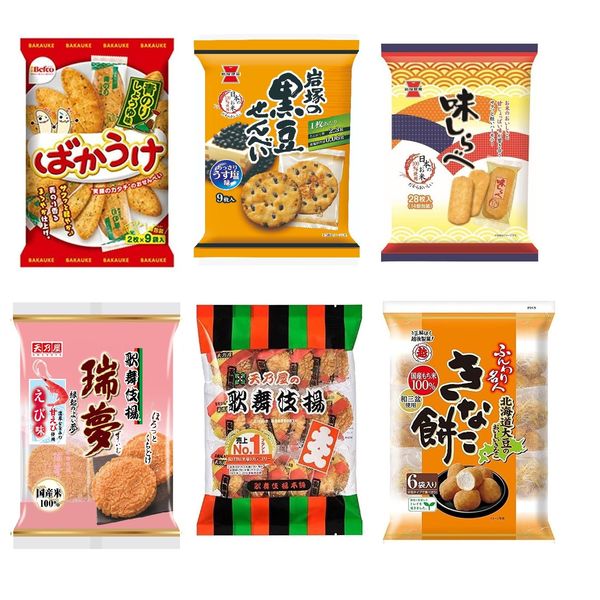 Funny Friends, Assorted Sweets, Set of 6 Rice Crackers, Fluffy Meijin, Black Bean Senbei, Flavor Shirabe, Kabuki Fried, Zuimu Shrimp Flavor, Total of 6 Bags