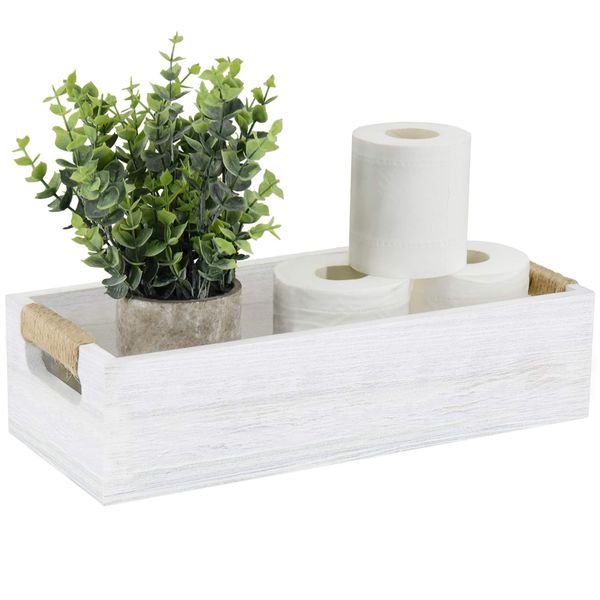 ANRXNCY Farmhouse Bathroom Decor Box Toilet Paper Holder, White Wood, Rectangular Tray with Artificial Flower, 14.9"L x 5.3"W x 3.3"H