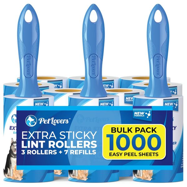 Extra Sticky Lint Roller Bulk Value Set 3 Rollers 7 Refills 1000 Sheets for Pet