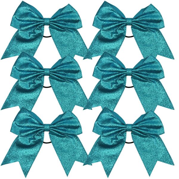 Cheerleader Bows Cheerleading 8 inch Sparkle Glitter Ponytail Holder Hair Tie School for High School College Girl Team Sports 6 Pcs … (Teal)