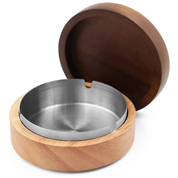 VViN Windproof Ash Tray for Weed with Lid - Large, Cigarette Ashtray Wood with Stainless Steel Liner for Outdoors and Indoors Use, Smoking Ashtray for Home Office