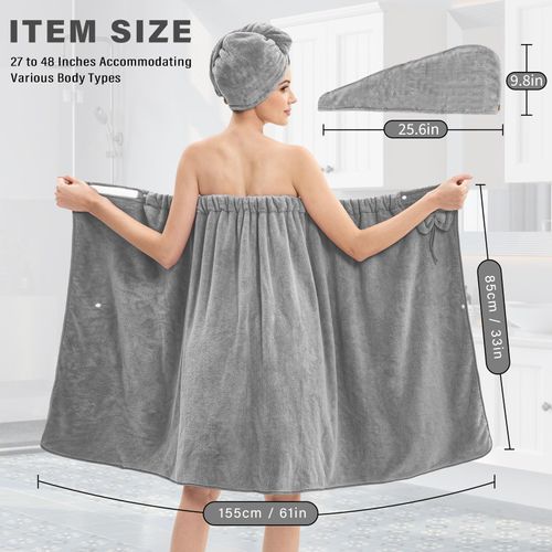 Bath Wrap Towels for Women – Adjustable Spa Shower Wrap with Super Absorbent Microfiber, Quick-Dry Body & Hair Towel Set for Home, Hotel, Beach, Pool, Gym, Travel – Grey