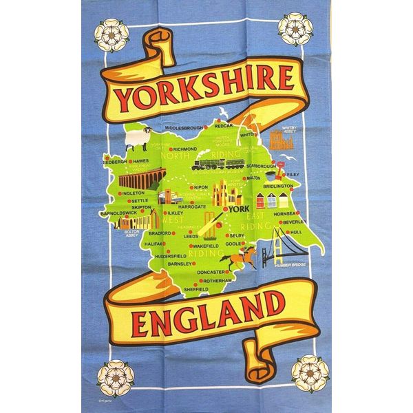 Yorkshire Map Tea Towel Souvenir Gift County Whitby Abbey Dales York White Rose