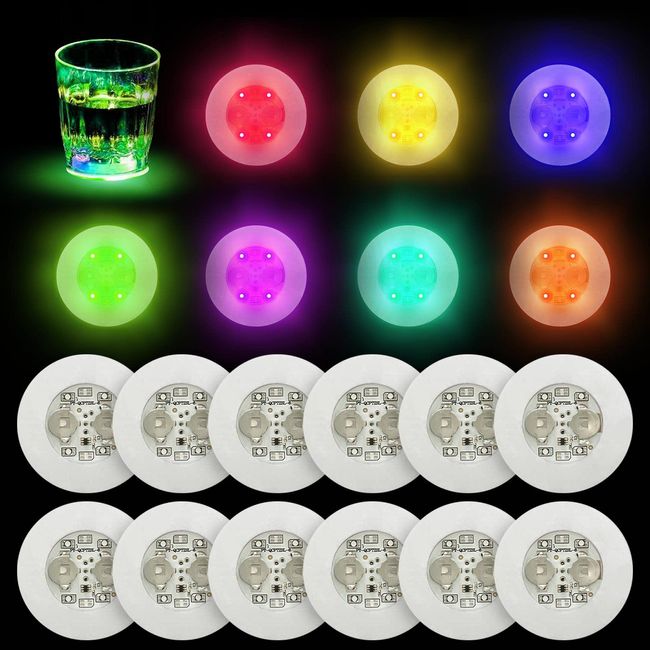 LOGUIDE LED Coaster,12 Pack Light Up Coasters,7Colors RGB LED Bottle Lights,Bottle Glorifier, LED Sticker Coaster Discs Light Up for Drinks,Flash Light Up Cup Coaster Flashing Shots Light (Multicolor)