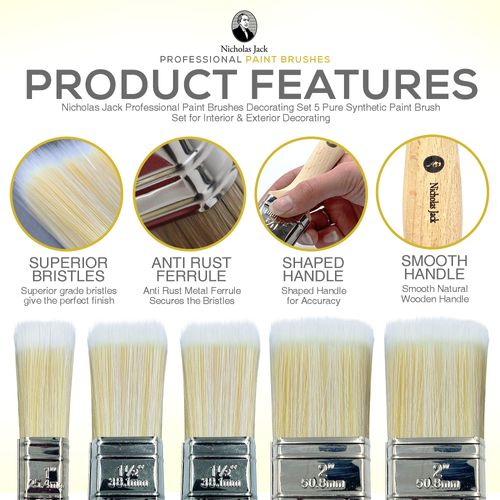 Nicholas Jack Professional Paint Brushes Decorating Set 5 Pure Synthetic Paint Brush Set for Interior & Exterior Decorating
