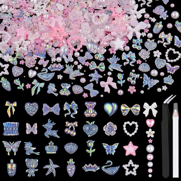 150 PCS 3D Nail Charms Butterfly Bow Star Heart Bear Shiny Jewels with 3D Flowers and Flat Pearls, Over 400 PCS Cute Charms in Total with Pickup Tools for Nail Art Decoration(Clear AB&Pink)