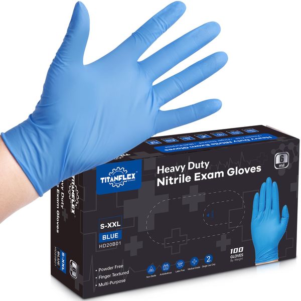 TitanFlex Nitrile Exam Gloves, Blue, 6-mil, Large, Box of 100, Heavy Duty Nitrile Gloves Disposable Latex Free, Powder Free, Medical Gloves, Cooking Gloves, Mechanic Gloves, Cleaning Gloves