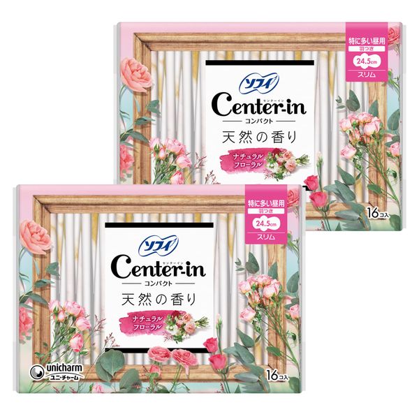 Center-in Compact, Natural Scent, For Especially Heavy Days, Natural Floral with Wings, 9.6 inches (24.5 cm), 32 Pieces (16 Pieces x 2) (Sanitary Supplies, Napkins)