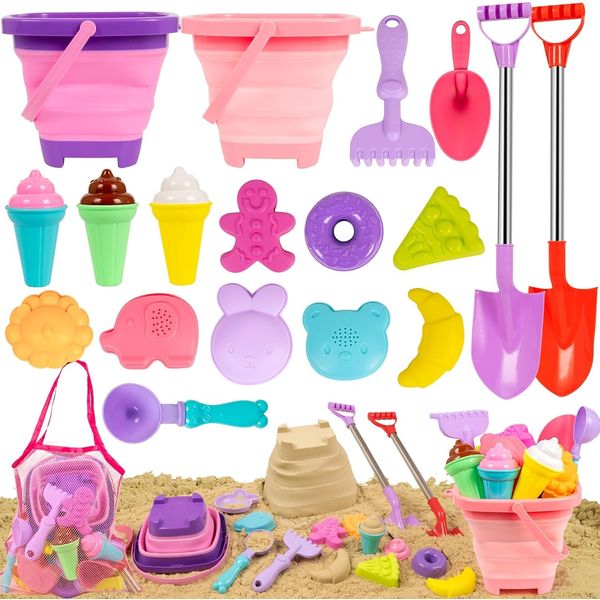 FUNWEGOT Beach Sand Toys Set Includes Collapsible Buckets 2 Big Size Sand Shovels, Rake, Animal Sand Molds Toys with Mesh Bag Silicone Pail, Sandbox Kit for Kids Age 3+ (19 PCS)