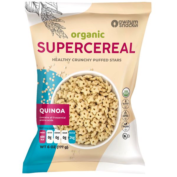 Awsum Snacks SUPERCEREAL 6oz - Certified USDA Organic, Vegan, Gluten Free, Non GMO, Kosher & Grain, Dairy and Sugar Free Cereals - Diabetic Healthy Snack - Cereal Puffed Quinoa Plain.…