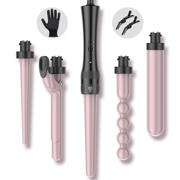 Hair Curling Wand Iron Tongs, 5 in 1 Hair Curler for Long Hair 10mm-32mm with 2 Crocodile Clips 1 Anti-Scald Silicone Gloves, PTC Ceramic LCD 180°C & 210°C