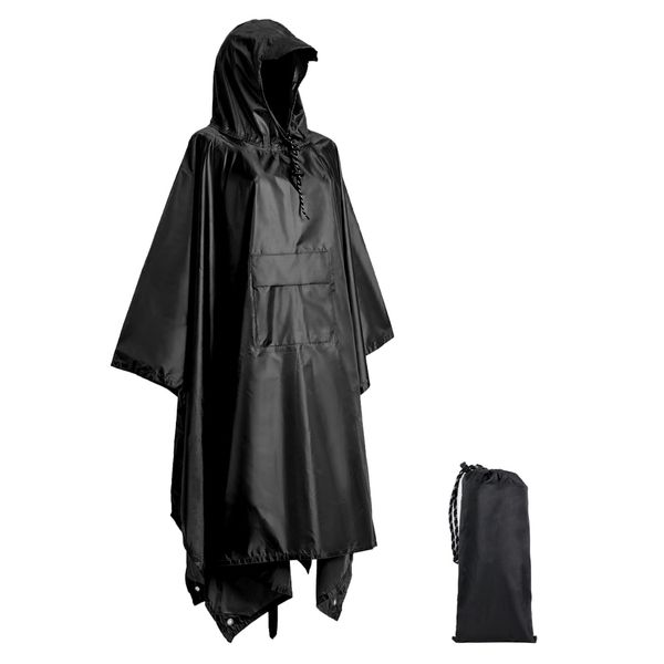 Accevo Waterproof Rain Poncho Adult Lightweight Reusable Rain Coat Emergency Rainwear for Women Men Black Raincoat with Hood for Outdoor Hiking Camping Cycling Traveling Outdoor Activities