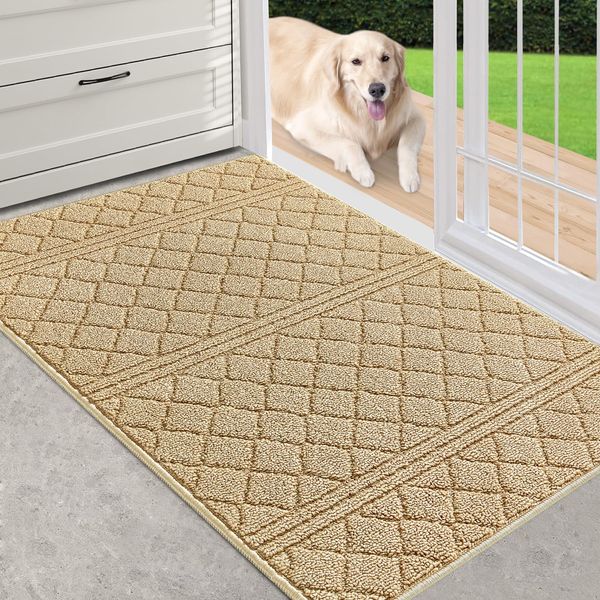 REFETONE Indoor Doormat, Front Back Door Mat 24"x36" Rubber Backing Non Slip Mats, Absorbent Resist Dirt Entrance Rugs for Entryway, Washable Low-Profile Inside Floor Mat for Muddy Wet Shoes, Beige