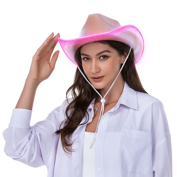 Light Up Disco Cowgirl Hat, Holographic Space Cowboy Hat, Led Pink