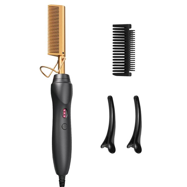 Electric Hot Comb Hair Straightener - Heat Pressing Combs, Ceramic Hair Straightening Comb, Curling Iron for Natural Black Hair Men Beard or Holiday Gift - Glod 3 In1