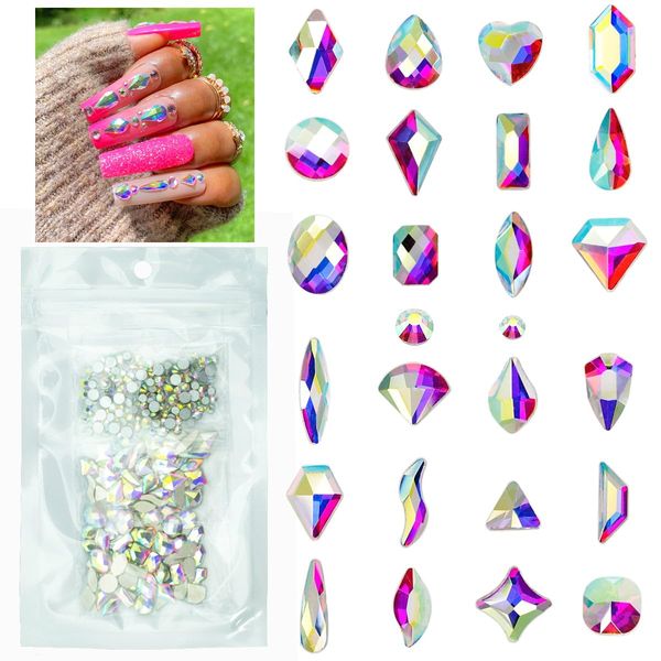 AB Crystal Nail Rhinestones 120 Multi Shapes Flatback Crystal White AB Gems +SS10 SS16 Round Beads K9 Glass Stones Diamonds Jewels Nail Art Supplies Nail Charms for Nails Faces Eyes Makeup Crafts DIY