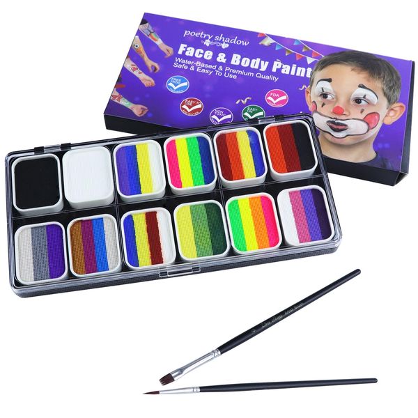 Body Painting Face Paint Kit, 12 Farben Professionelle Palette Waschbar mit Pinsel für Kinder Art Show Halloween Party Colsplay Makeup Body Festlich