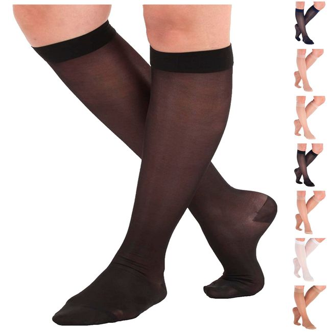 Made in USA - Wide Calf Compression Socks for Women 15-20mmHg - Sheer Compression Stockings for Travel, Flight, Airplane Circulation - Black, 3X-Large - ATRAVEL101BL6