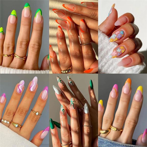 6 Packs (144 Pcs) Medium Press On Nails Almond False Nails with Designs Fake Nails with Glue On Nails Set Stick On Nails for Women and Girls…