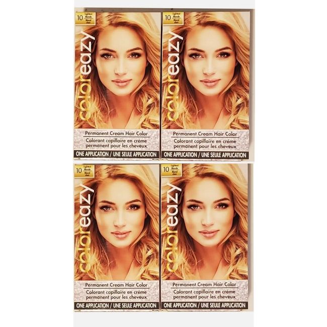 SET OF 4 Coloreazy Permanent Cream Hair Color One Application #10 Lightest Blond