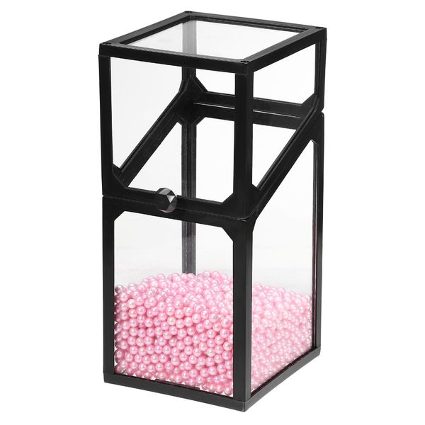 VOCOSTE Clear Makeup Brush Holder Dustproof Makeup Brush Storage Box with Lid Glass Makeup Holder for Bathroom Vanity Square with Pink Fake Pearl, Black