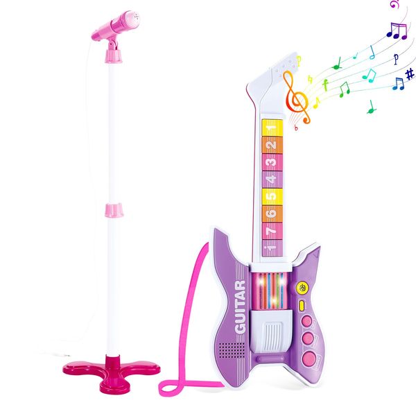 deAO Kids Guitar and Microphone Set with Stand Adjustable Height Music Light Karaoke Music Toys Christmas Birthday Gift for Kids Boys Girls (Purple)