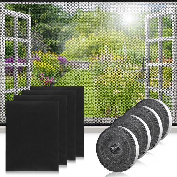 Fly Screens for Windows Net, DIY 4 Pack 1.3mx1.5m Window Netting for Insects, with Cutter and Self-Adhesive Tape, Window Nets Easy Installation Keep Flys/Bugs/Mosquitoes Out (130 x 150CM, Black)