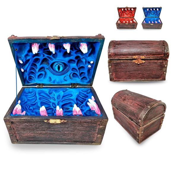 Power Beast Dungeon Mimic Chest Dice Storage Box with Glass Eye, Miniatures and Dungeons and Dragons Accessories, D&D Gift, DND, Dungeon Master, Holds up to 5 Sets of Polyhedral Dice. RPG Game. (BLUE)