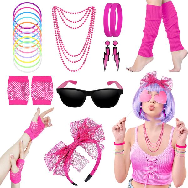 80s Fancy Dress Costumes Accessories, 1980s Fancy Style Dresses Party Sets & Kits for Women, Neon Leg Warmers Necklaces Bracelet Fishnet Gloves Lace Bow Headband Earrings Sunglasses-Rose Red