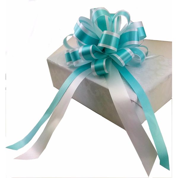 White & Pool Blue Striped Pull Bows with Tails - 8" Wide, Set of 6, Easter
