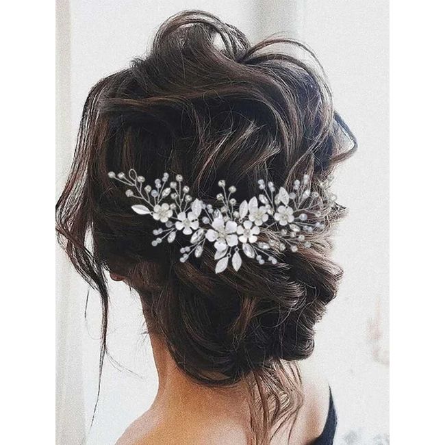 Yean Bridal Hair Accessories Silver Flower Bride Wedding Headband Pearl and Leaf Hair Piece for Women and Girls