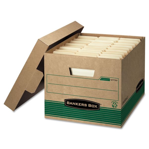 Bankers Box 12 Pack STOR/FILE Medium-Duty 100% Recycled File Storage Boxes, FastFold, Lift-Off Lid, Letter/Legal, Kraft/Green