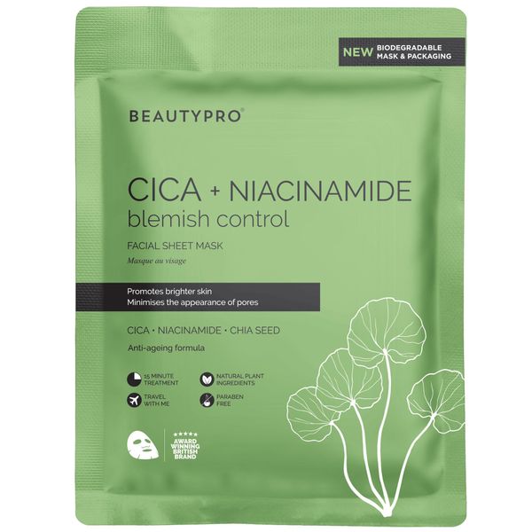 BEAUTYPRO CICA+NIACINAMIDE Blemish Control Face Sheet Mask | 100% Biodegradable | Plant Based Formula | rebalance | hydrate | Minimise Breakouts | Anti-Ageing