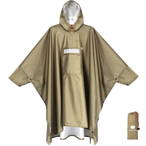 Anyoo Waterproof Rain Poncho with Sleeves&Pocket, Lightweight Reusable Hiking Rain Coat Jacket with Hood for Outdoor Activities, Unisex, Khaki, One Size