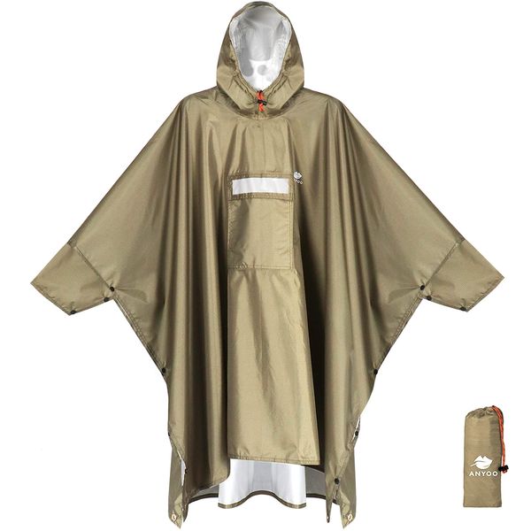 Anyoo Waterproof Rain Poncho with Sleeves&Pocket, Lightweight Reusable Hiking Rain Coat Jacket with Hood for Outdoor Activities, Unisex, Khaki, One Size