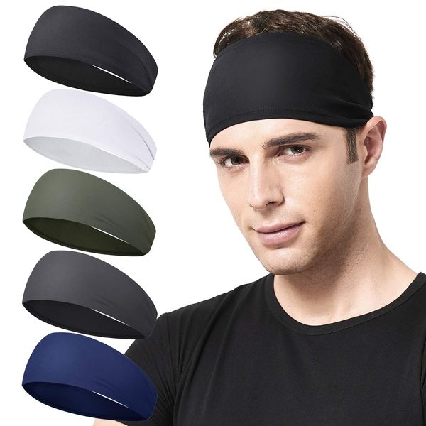 Acozycoo Mens Running Headband,5Pack,Mens Sweatband Sports Headband for Running,Cycling,Basketball,Yoga,Fitness Workout Stretchy Unisex Hairband