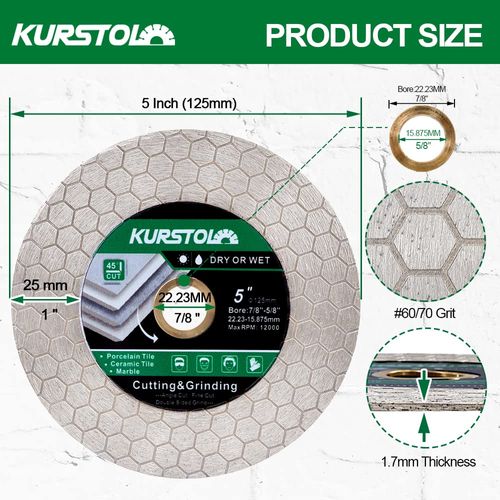 KURSTOL Tile Diamond Saw Blade - 125mm Dual-Purpose Diamond Cutting Disc,Angel Grinder Blade Arbor 22-16mm for Cutting and Grinding Ceramic Tiles,Porcelain,Granite,Marble