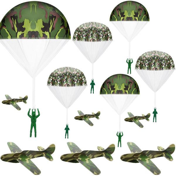 Jerify 20 PCS Parachute Toys and Camouflage Foam Airplanes Set, Parachute Army Men Toys Army Hand Throw and Foam Glider for Boys Outdoor Party Favors (Classic Style)