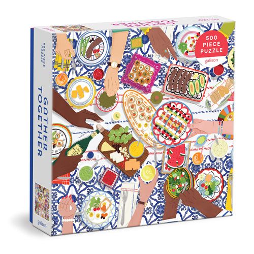 Galison Gather Together – 500 Piece Puzzle Fun and Challenging Activity with Bright and Bold Artwork of Mediterranean Vignette of Friends and Family for Adults and Families