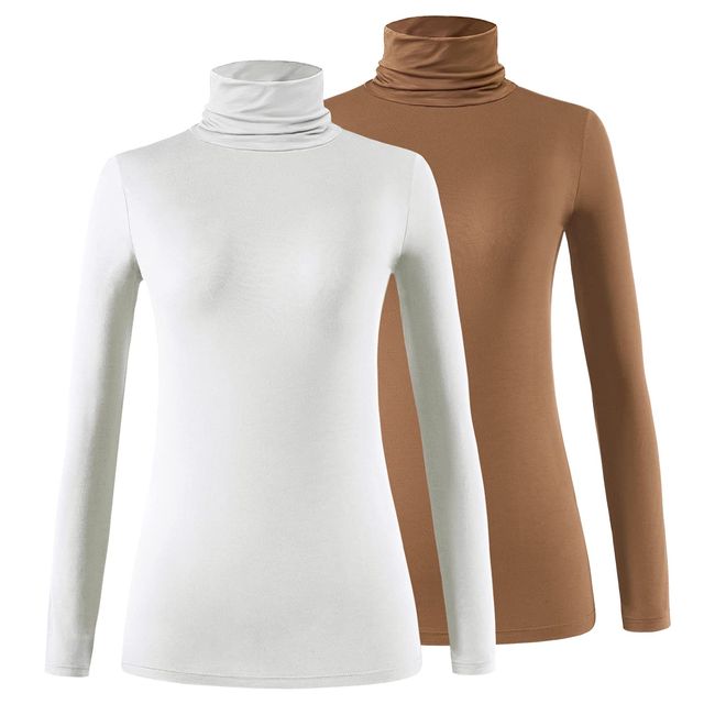 Xelky Womens Long Sleeve Turtleneck Shirt Lightweight Slim Turtle Neck Active Tops Basic Pullover Undershirt 2 Pack White/Brown S