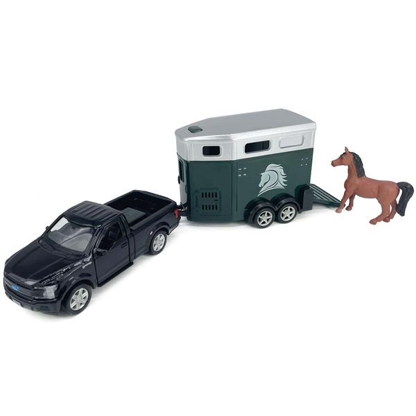 F-150 Pickup Truck Trailer Towing Horse Transporter Farm Trailers, Doors Open, 1/36 Scale Model Car Diecast Metal Toy Cars, 3 4 5 6 7 Year Old Kids Boys Gifts, Cake Topper Home Office Décor Collection