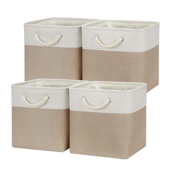 Temary 4 Pack Cube Storage Bins Cloth Baskets for Shelf, Fabric Storage Cubes 12 x 12 Baskets Gift Empty Toy Baskets for Kids, Dog Toy Baskets for Storage (White&Khaki)