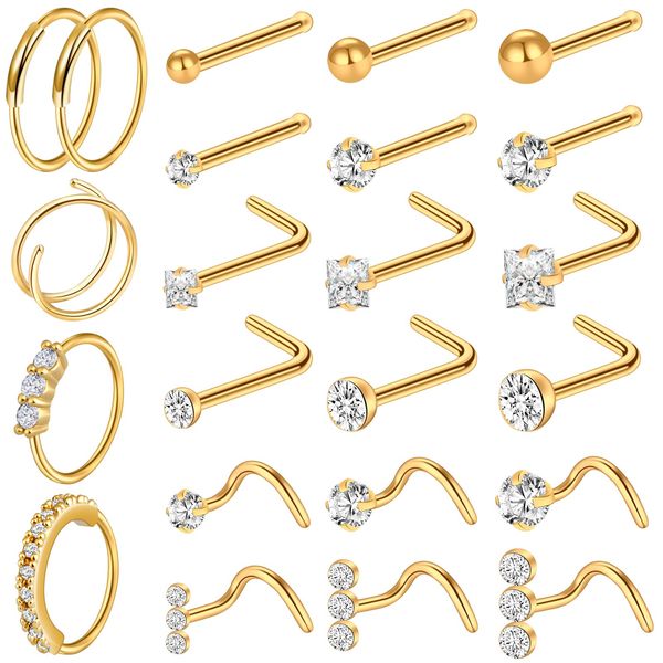 ONESING 23 Pcs 18G Gold Nose Rings for Women Nose Piercing Jewelry L Shape Nose Studs Nose Rings Hoop Stainless Steel Studs Screw Body Piercing Jewelry for Women Men