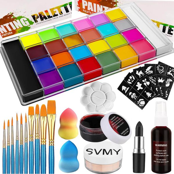 UNIFULL 26 Colors Professional Face Body Paint Kit, Oil Face & Body Paint Kit for Halloween,including 36 Colors Face Paint/Paint Stick/ Brushes/ Special Effects Sticker for Halloween/Fake Blood(Set 2)