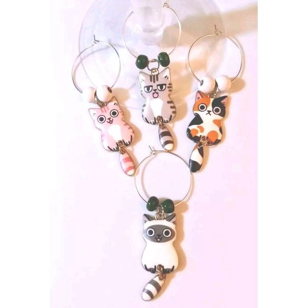 Wine Glass Charms, Kitty Cat Themed, New Handmade Set Of 4 Drink Markers