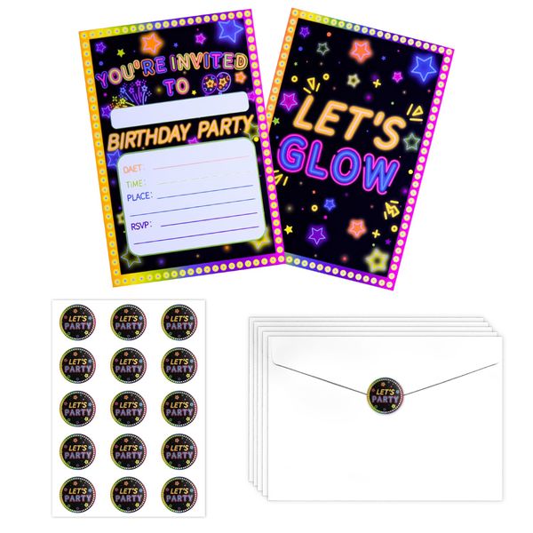 PTECDROTS 20Pcs Glow Party Invitations Sets with Envelopes Let’s Glow Neon Party Favors Double-sided Printed Invitation Cards for Girls Kids Birthday Party Invitations Supplies, 6.7 x 4.7 Inch